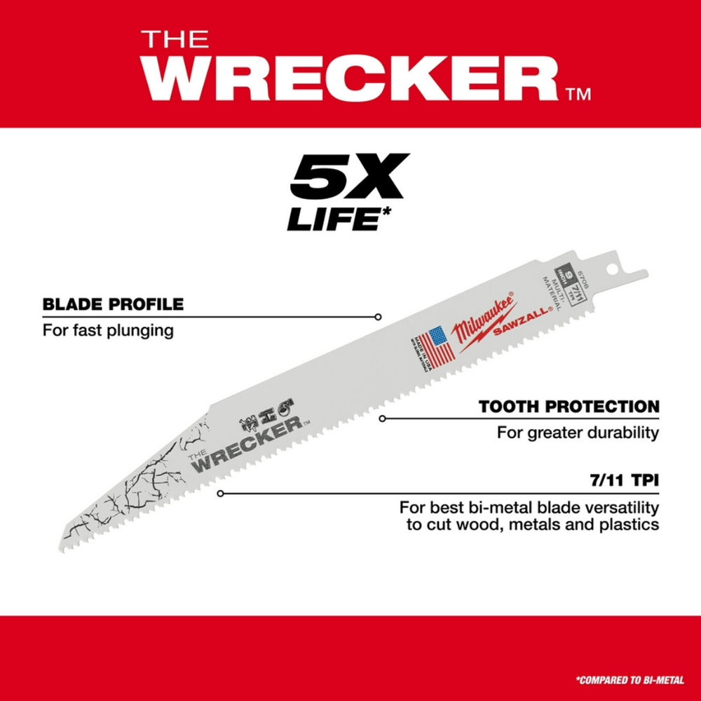 Milwaukee 48-01-7706 9-inch 7/11-TPI WRECKER Multi-Material Sawzall Blade (100-Pack)