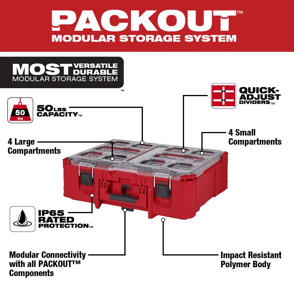 Milwaukee 48-22-8432 PACKOUT 7-inch Deep Organizer with 6 Compartments and Quick Adjust Dividers