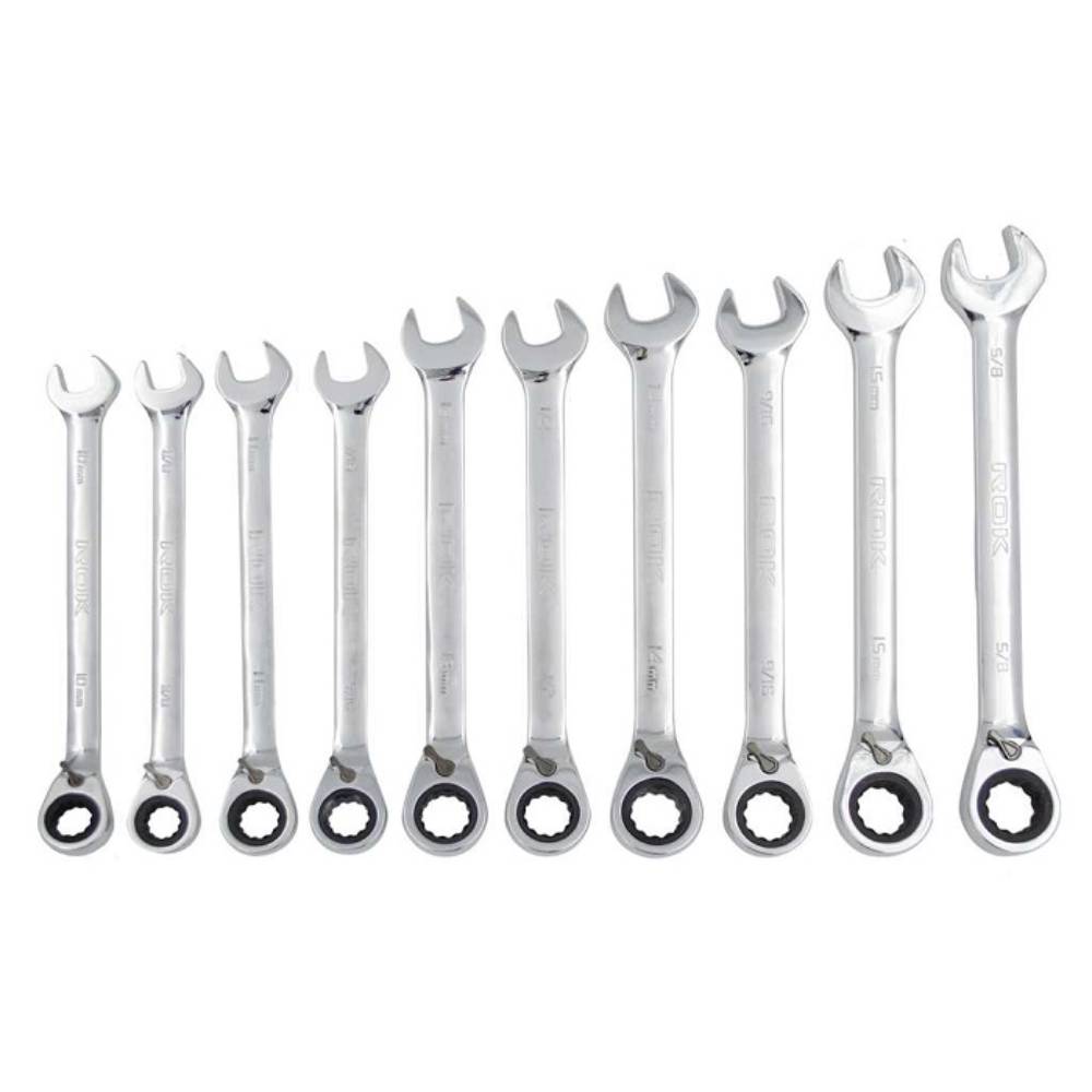 ROK 68010 10pc SAE/Metric Cr-V Ratcheting Wrench Set