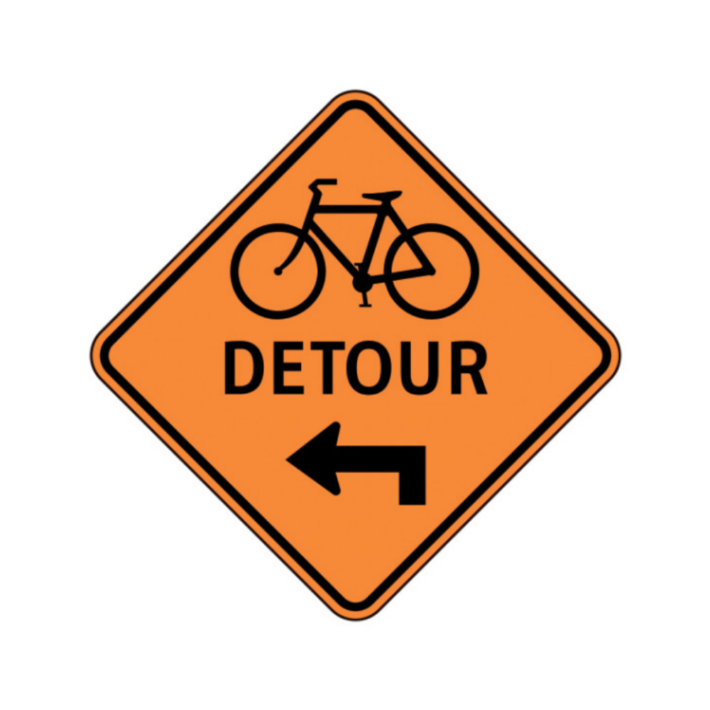 Bike (Symbol), Detour Ahead-Left (Arrow) Aluminum Sign - 75x75cm and 120x120cm
