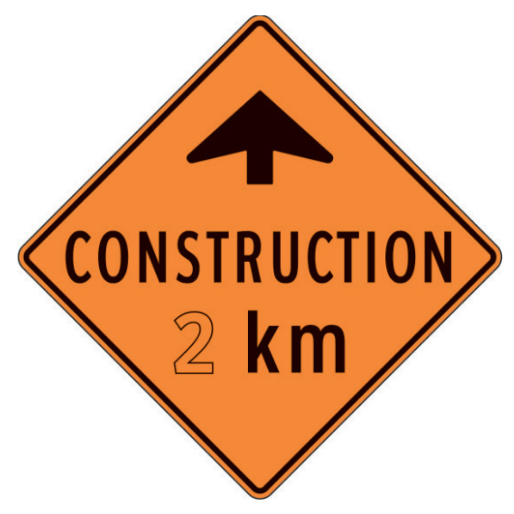 Construction ( ) km (Ahead Arrow) Aluminum Sign - 75x75cm and 120x120cm