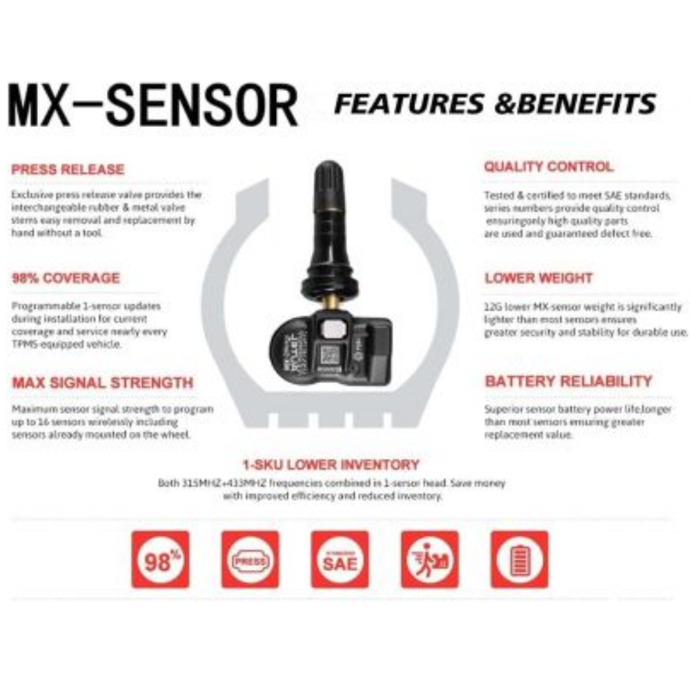 Autel MX-Sensor 1-Sensor – Universal Programmable TPMS (315MHz + 433MHz) with Press-in Rubber Valve Stem