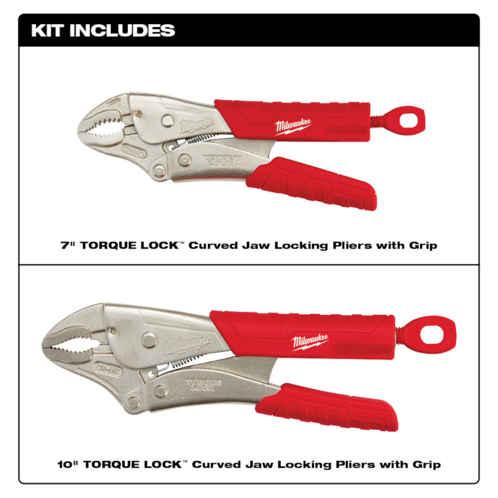 Milwaukee 48-22-3402 2pc 7in & 10in TORQUE LOCK Curved Jaw Locking Pliers with Grip Set