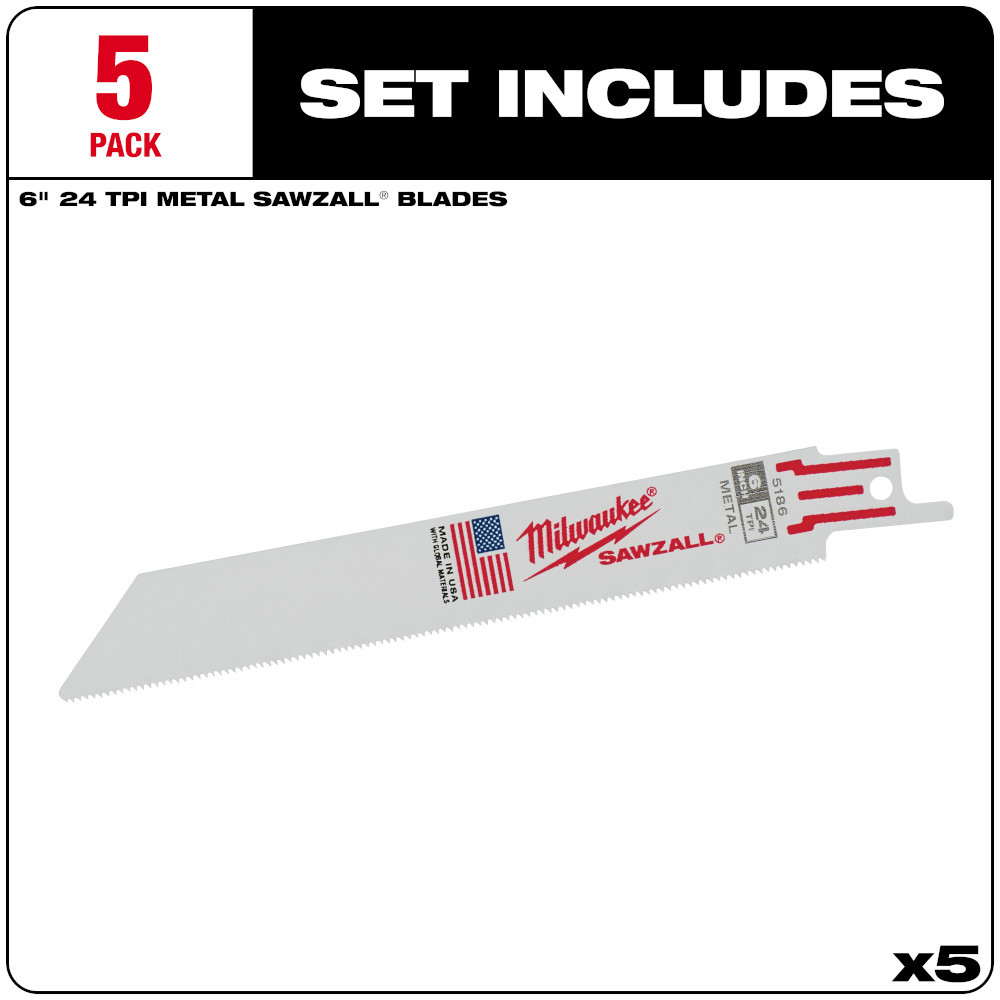 Milwaukee 48-00-5186 SAWZALL 6in 24 TPI Metal Cutting Blades - 5pk