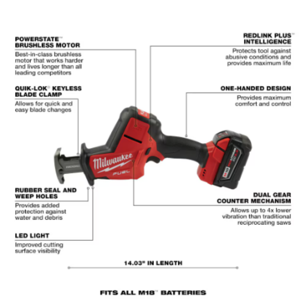 Milwaukee 2719-21 M18 FUEL 18-Volt Li-Ion Brushless Cordless HACKZALL Recip Saw Kit With(1) 5.0Ah Battery,Charger & Tool Bag