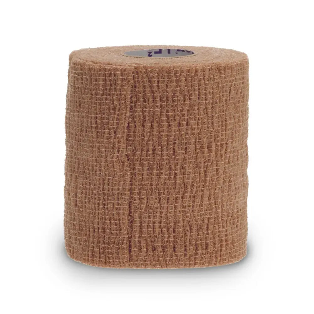 Roll of 3-inch tan adhesive crepe bandage with a textured elastic surface for secure joint support and compression in sports or first aid.