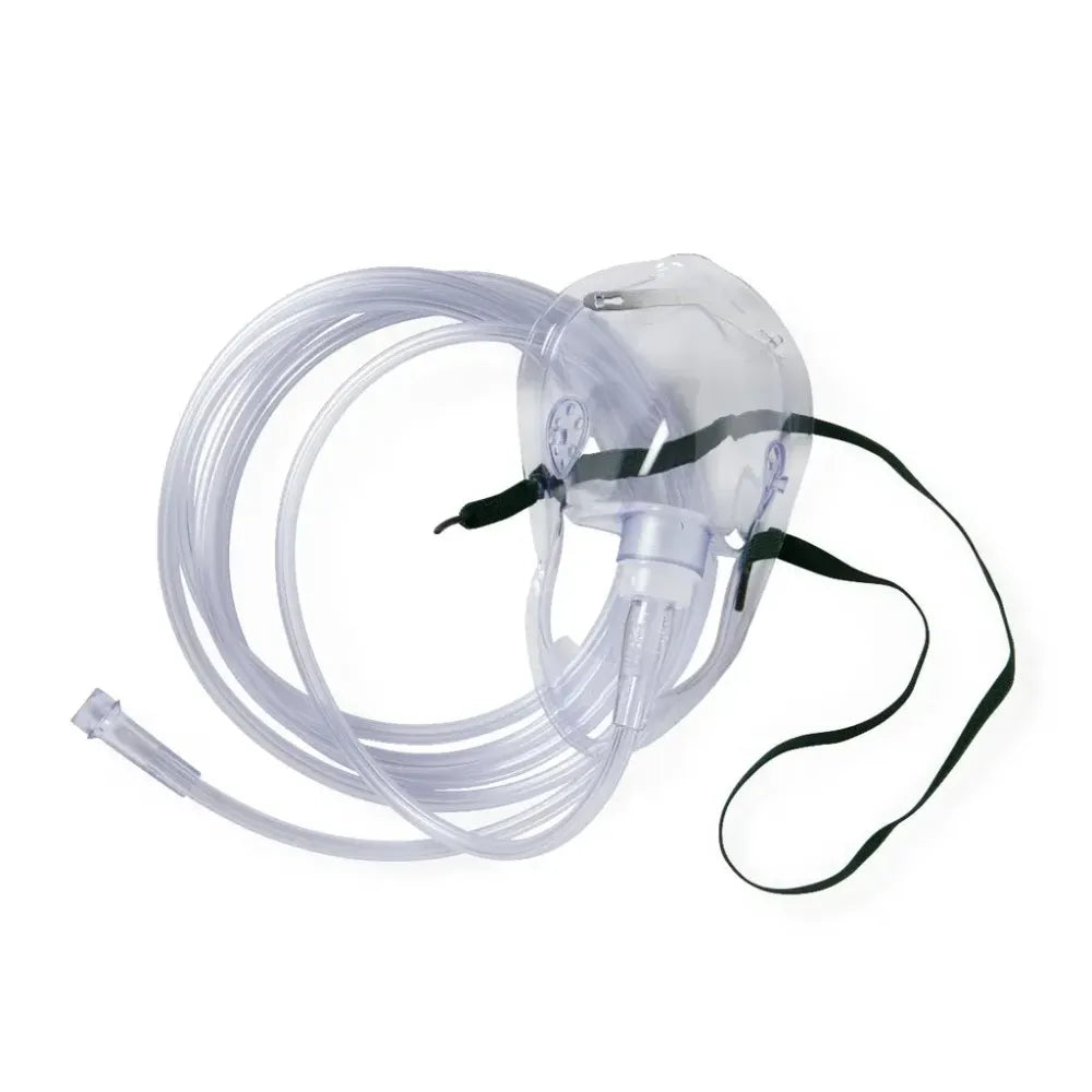 Adult medium concentration oxygen mask with clear PVC face piece, black elastic head strap, and coiled supply tubing.