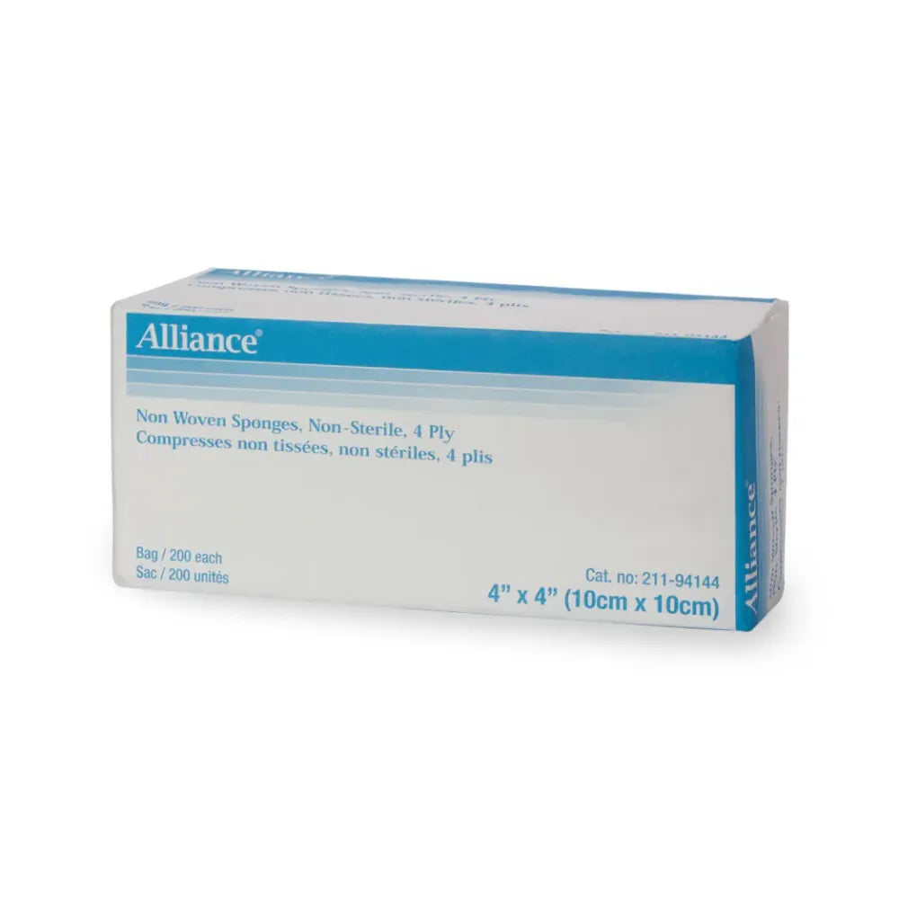 Box of 200 Alliance non-sterile 4-ply non-woven sponges, 4x4 inch size, featuring lint-free material for high-absorbency wound care and cleaning.
