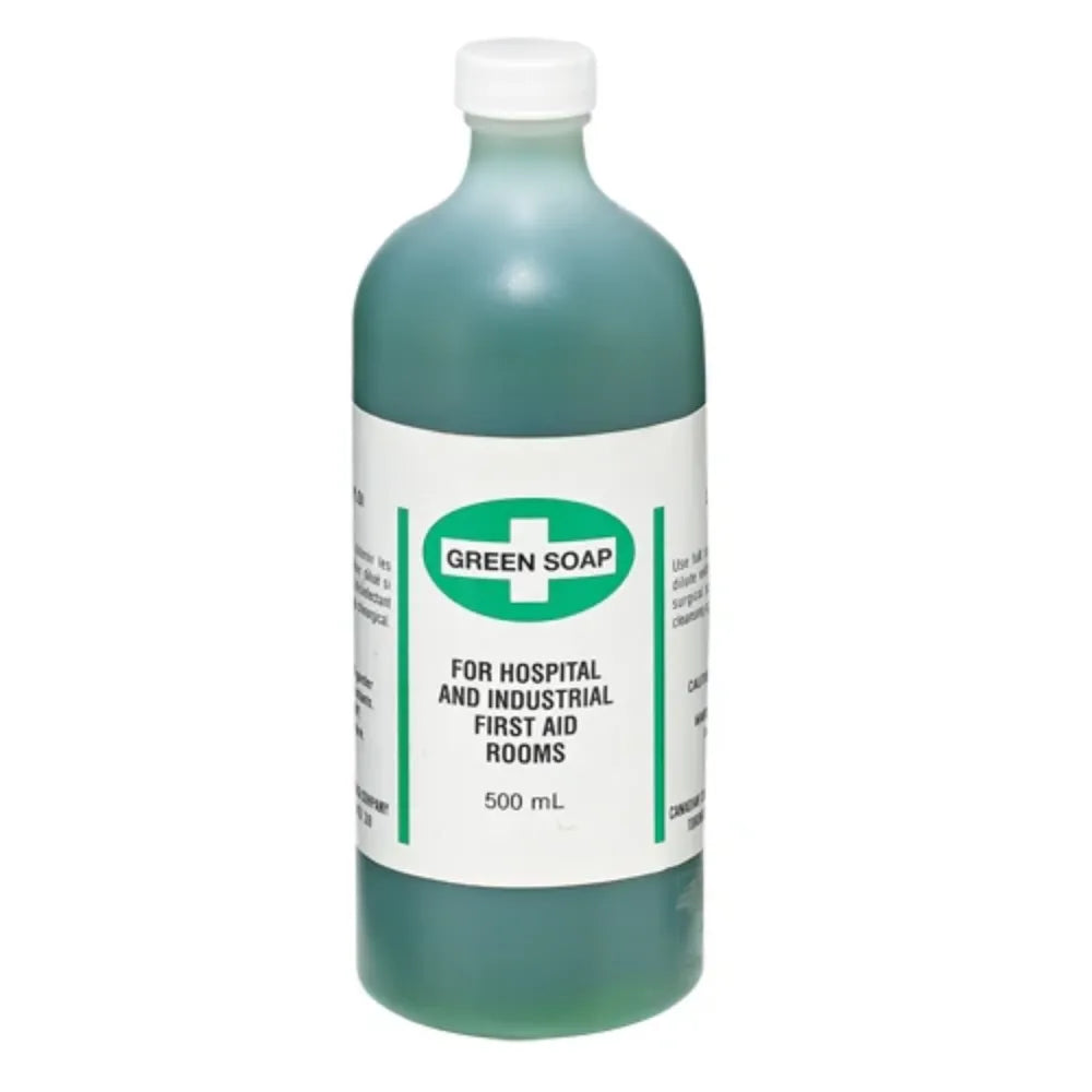A 500ml bottle of Antiseptic Green Soap (FSGSOAP500), a surgical-grade liquid detergent used for skin disinfection and medical instrument cleansing.