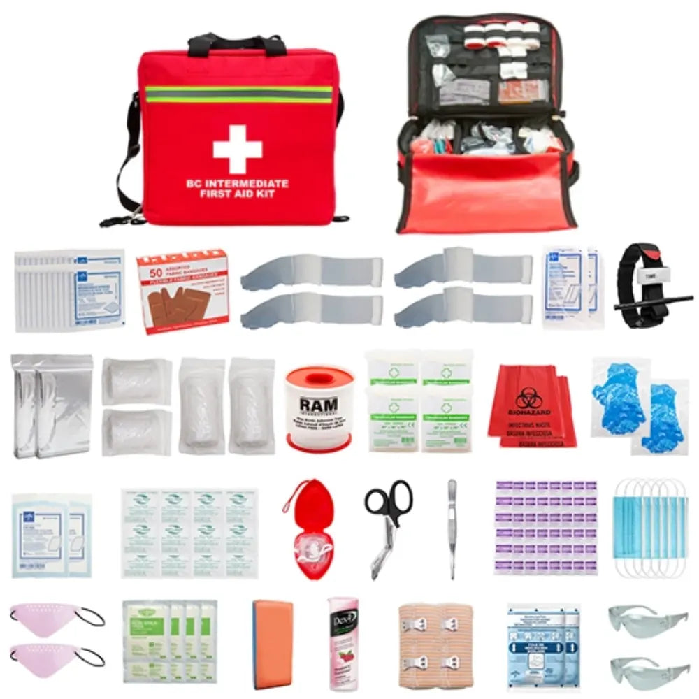 B.C. intermediate first aid kit components with red deluxe bag and essential medical supplies.