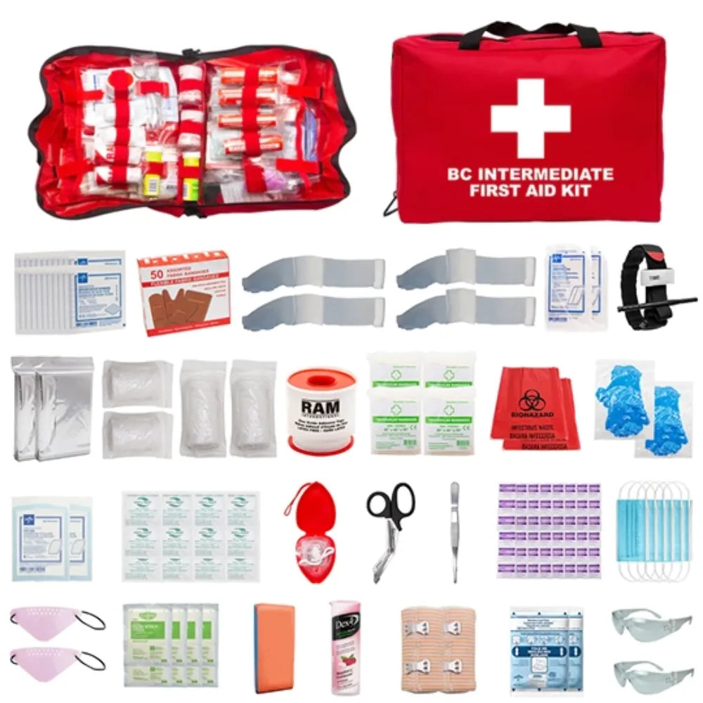 B.C. intermediate first aid kit with red nylon bag and complete emergency medical components.