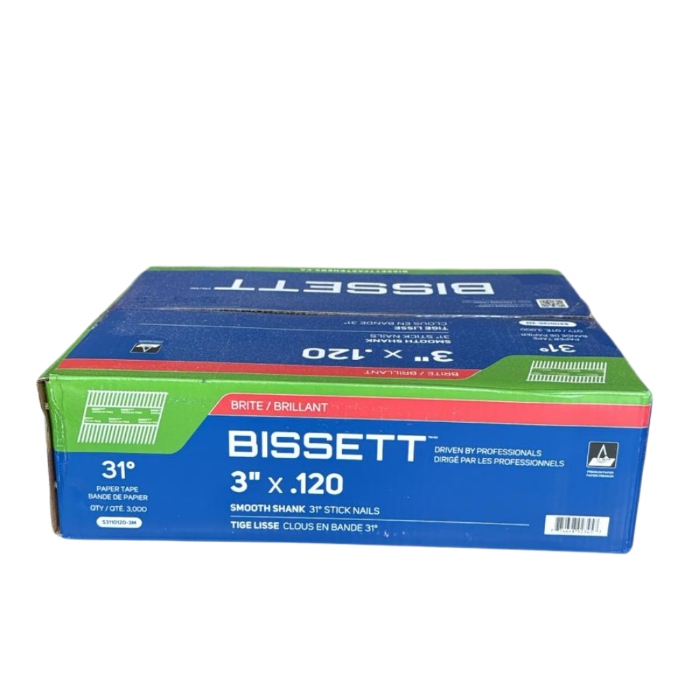 A box of Bissett 3" Framing Nails (S3110120-3M) featuring 30°-34° paper tape collation and clipped heads for pneumatic nailers.