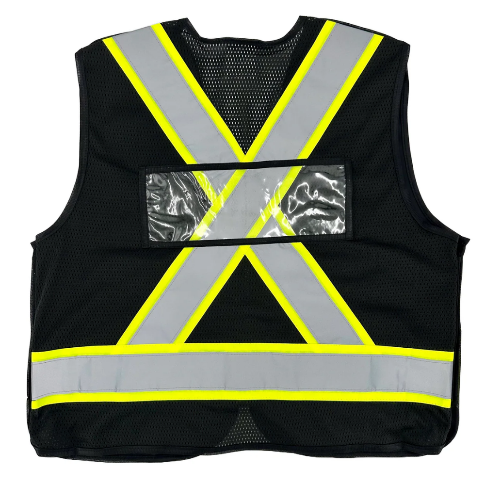 Black safety vest back view with yellow and grey X-pattern reflective tape and ID window