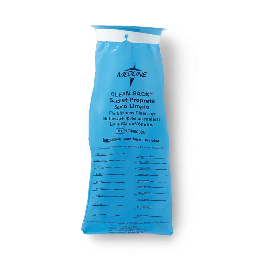 Blue disposable emesis bag with graduated volume markings for sickness clean-up