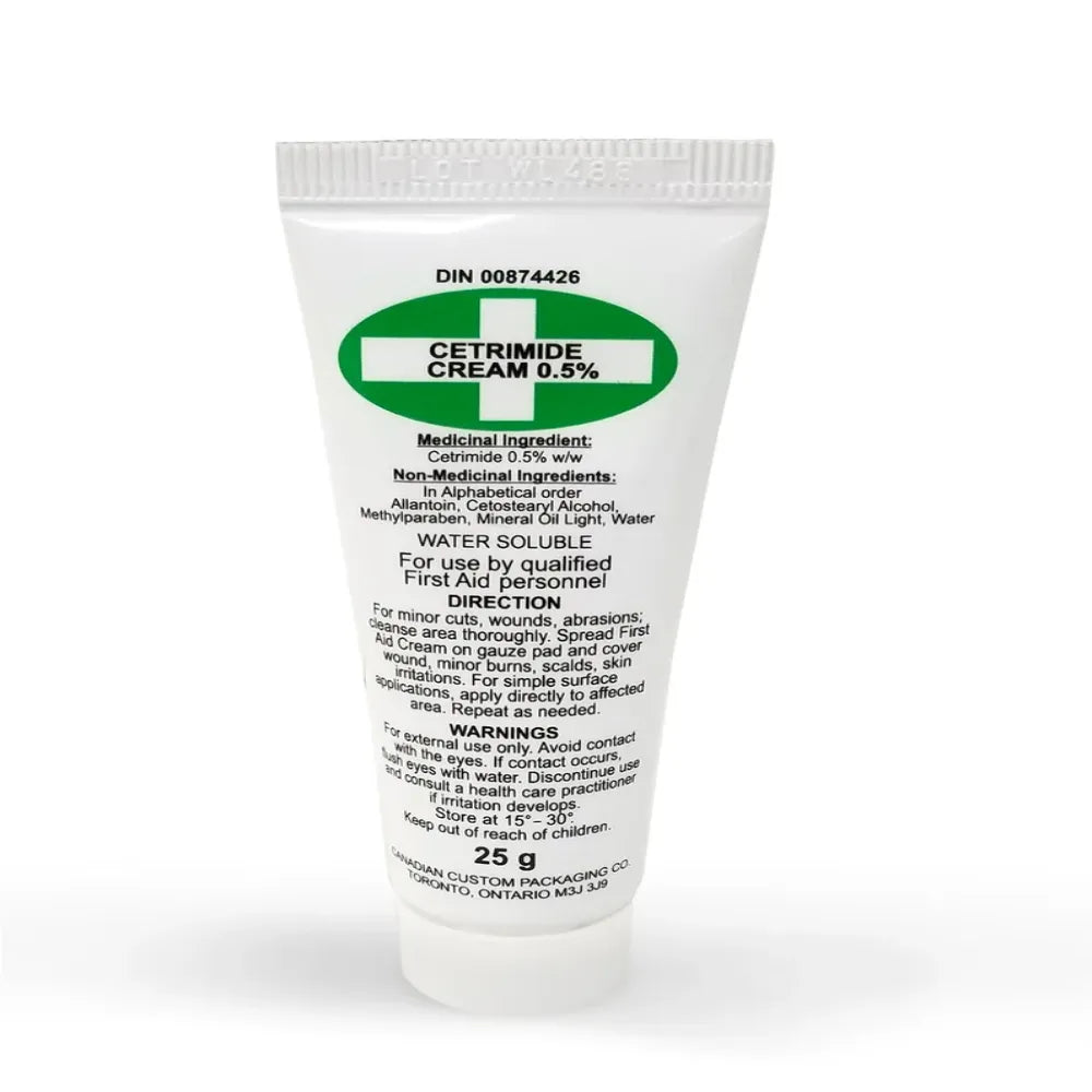 A 25g tube of Cetrimide First Aid Cream, a powerful antiseptic for minor wound care and skin infection prevention.