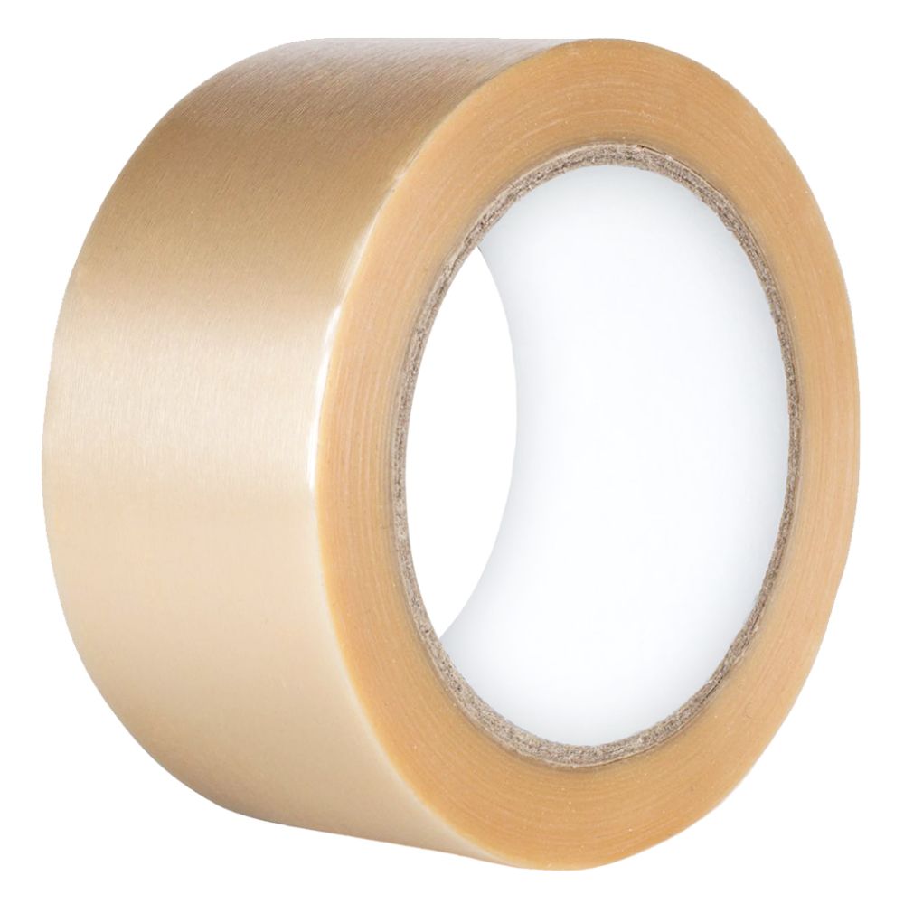 Roll of PVC07 clear PVC packaging tape showing its smooth, translucent tan-tinted appearance on the roll and a plain white inner core against a white background.