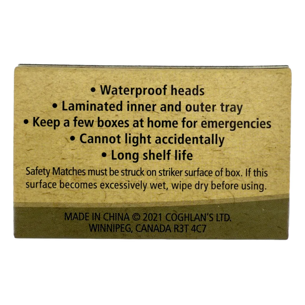 Coghlan's Waterproof Matches Box Back View with Features and Long Shelf Life
