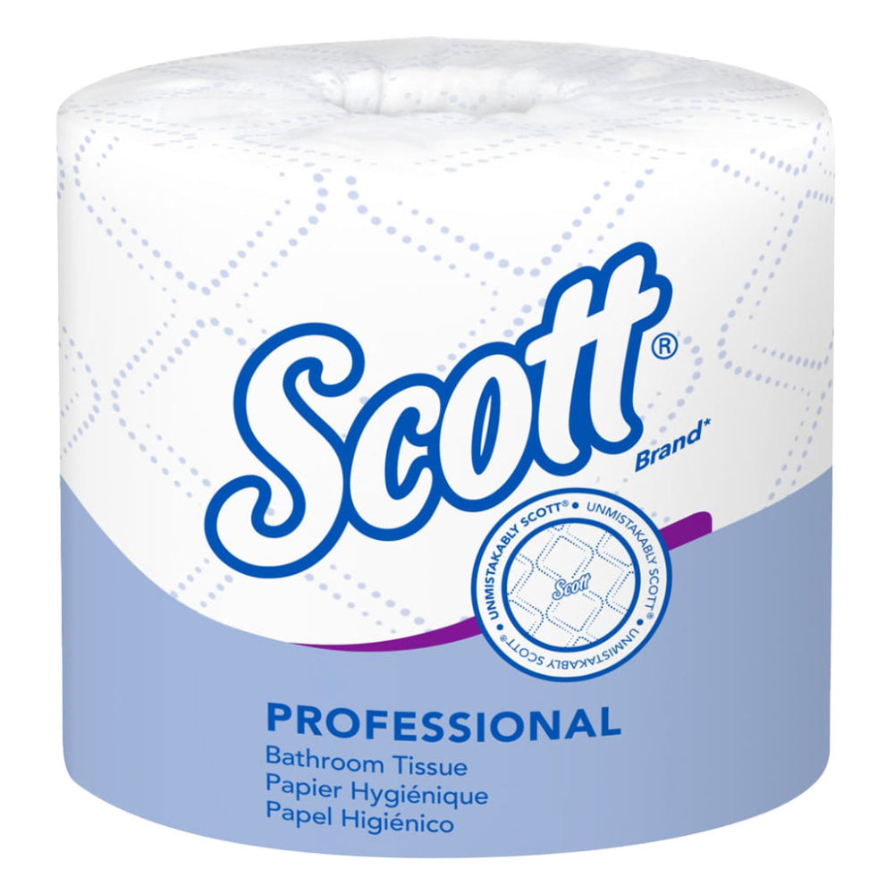An unwrapped standard roll of white Scott Professional bathroom tissue showing an embossed diamond pattern and a brown cardboard core isolated on a white background