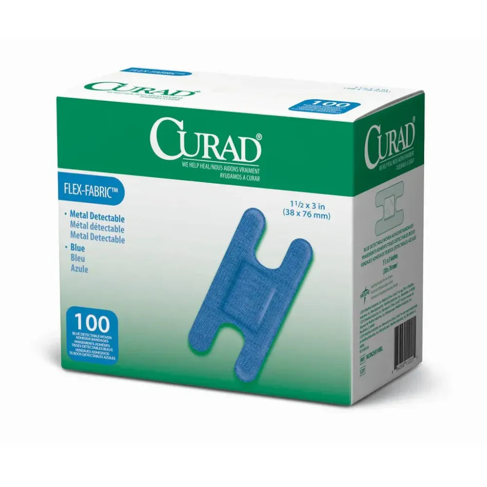 Box of 100 Curad blue metal detectable flex-fabric knuckle bandages designed for food industry safety and easy identification.