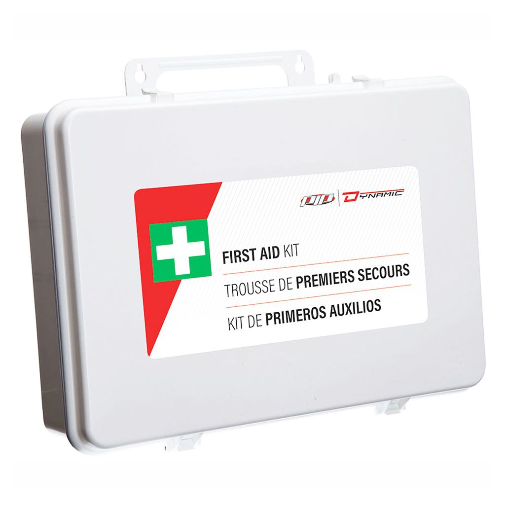 Dynamic British Columbia Level 1 first aid kit in a white plastic storage box with trilingual product label
