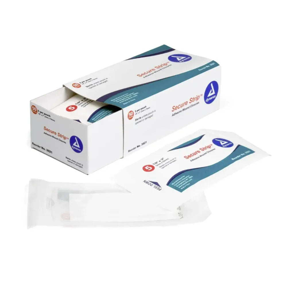 A box of Dynarex Secure Strip adhesive wound closures with individual sterile pouches and a single strip displayed on a white background.