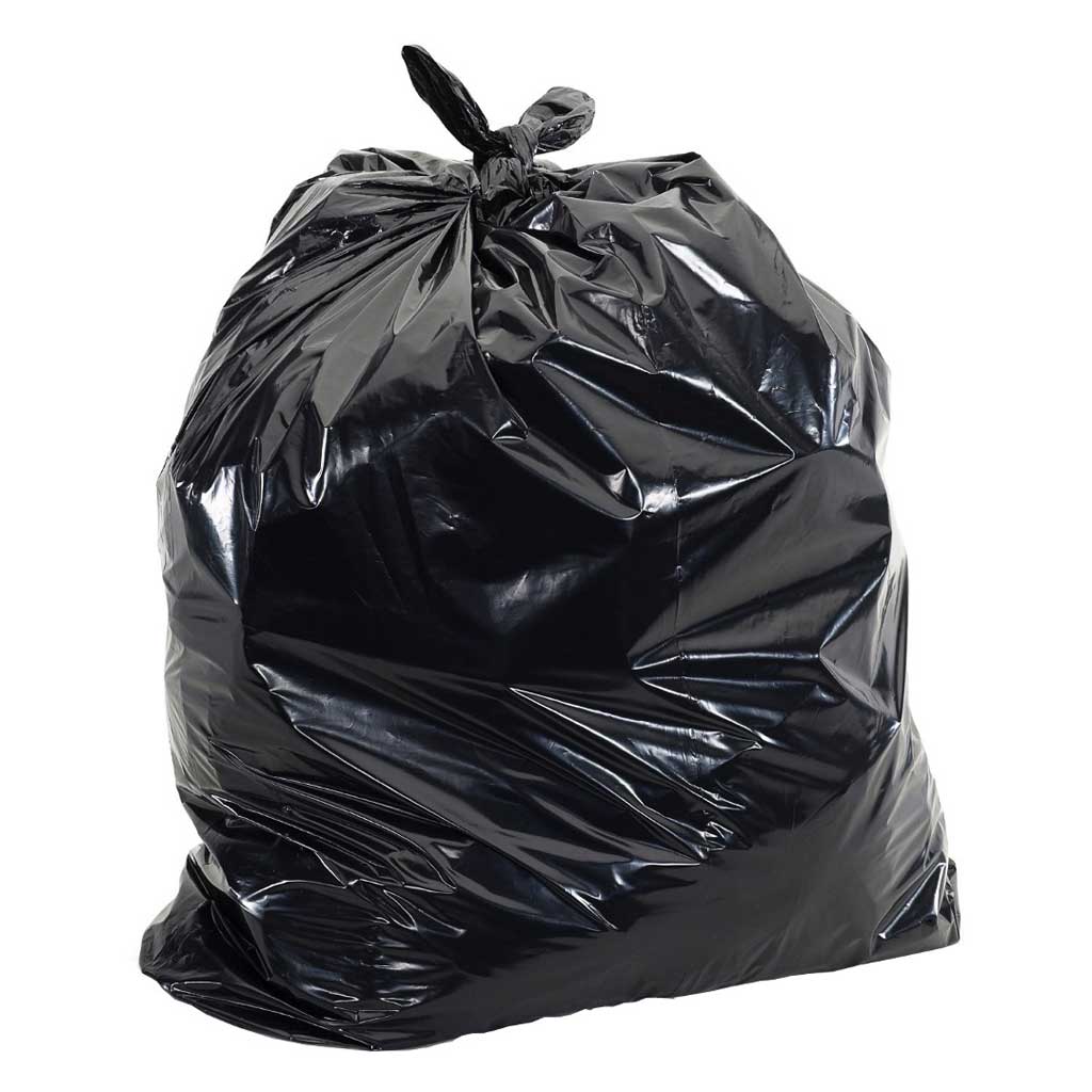 A large, durable black plastic garbage bag filled and tied securely at the top with a knot, shown against a plain white background.