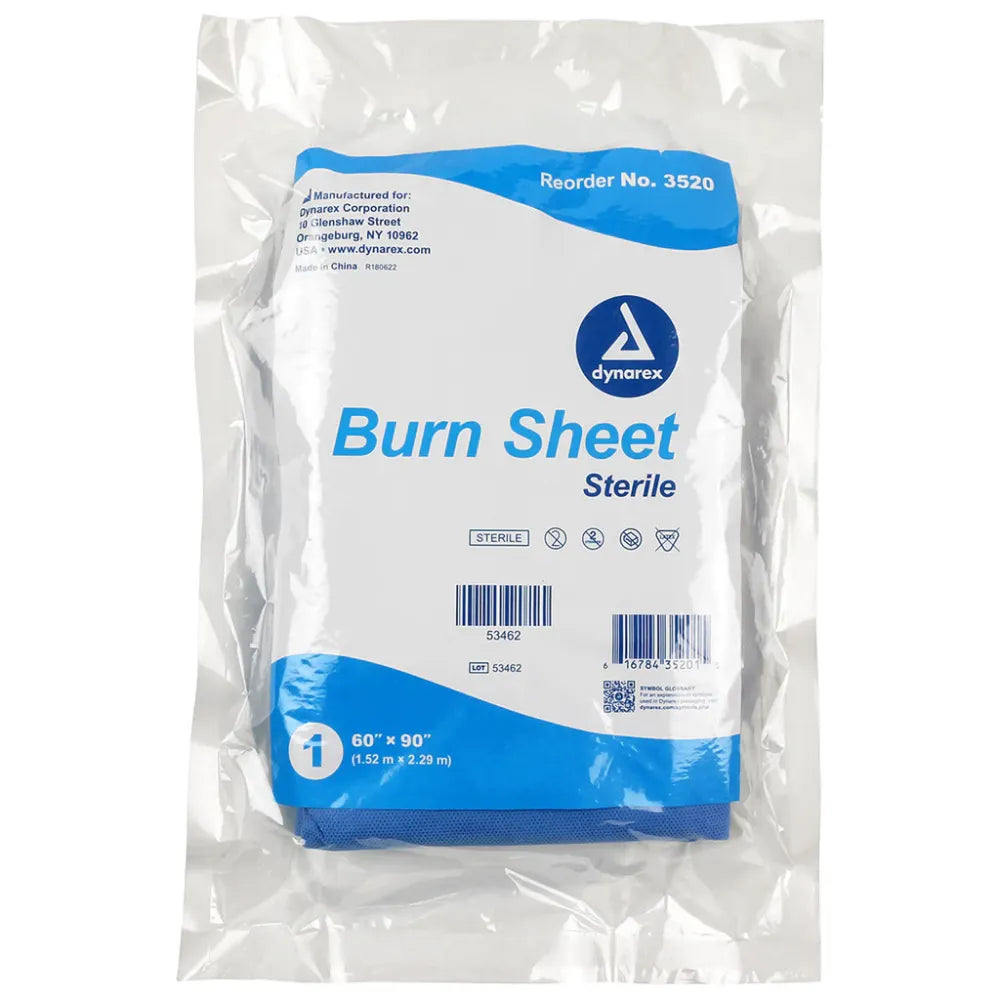 Individually vacuum-sealed Sterile FS06756 Burn Sheet measuring 60" x 90" (1.52m x 2.29m), featuring a blue non-woven material for sterile patient protection.