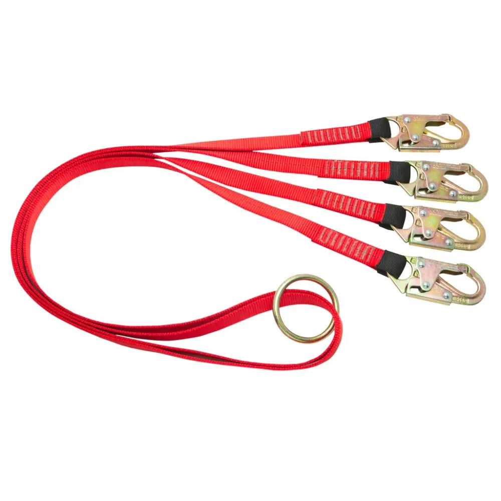 Professional Lifting FSBRIDLE Bridle for basket stretchers featuring 4-point adjustable red polyester webbing and four heavy-duty gold-finish twist-lock carabiners.