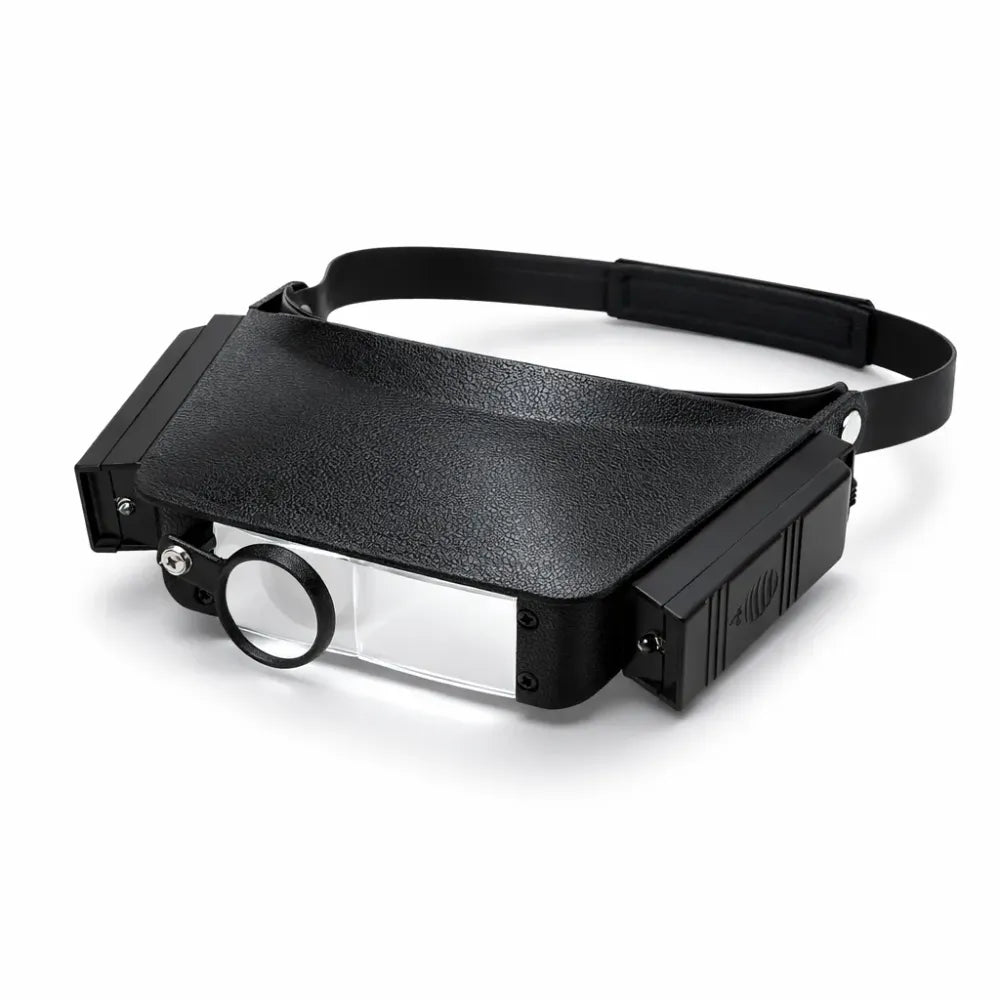 Black Magni FSMFOCUS Focuser headband magnifier featuring a dual-lens optical system, integrated side-mounted LED lights, and an adjustable overhead strap for hands-free precision work.