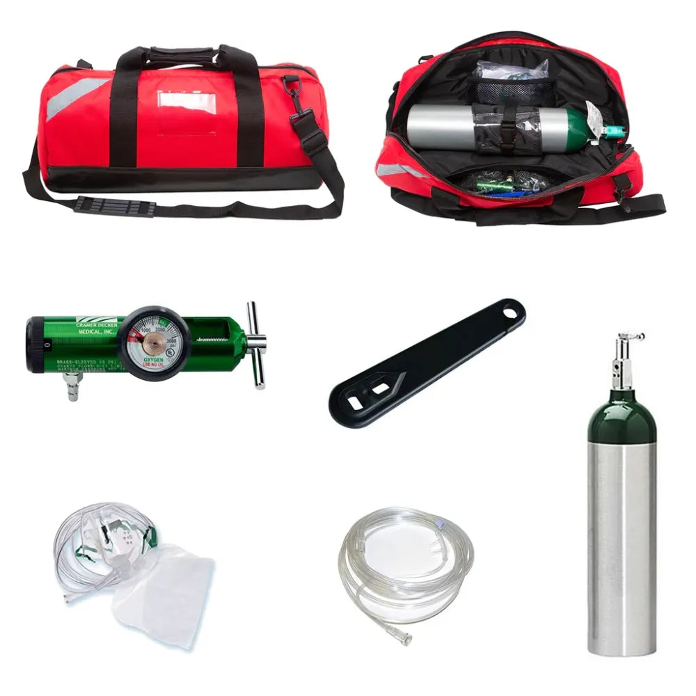 A padded Oxygen Therapy Kit (FSOXYKIT) containing a multiflow regulator, therapy masks, and tubing in a high-visibility medical bag.