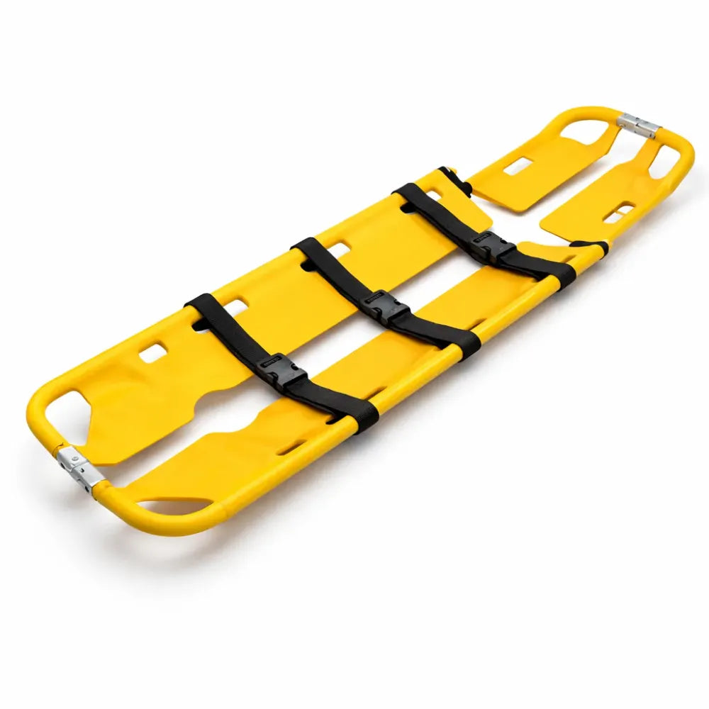 Professional Scoop FSSSTRETCH Stretcher made of lightweight aluminum with a split-blade design, adjustable length, and three high-strength patient restraint straps.