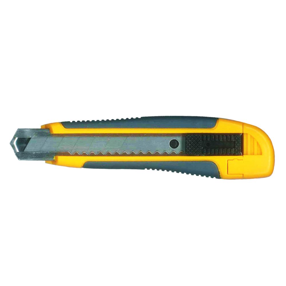 Heavy-duty utility knife with ergonomic yellow handle and black rubber grip, featuring an auto-lock mechanism and a silver snap-off blade, model K000463.