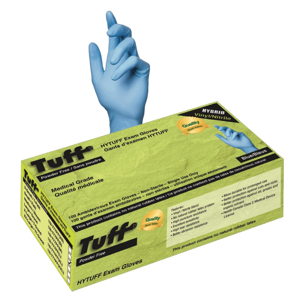 A single blue Hytuff disposable nitrile-vinyl hybrid exam glove raised behind its green and black 100-count dispenser box