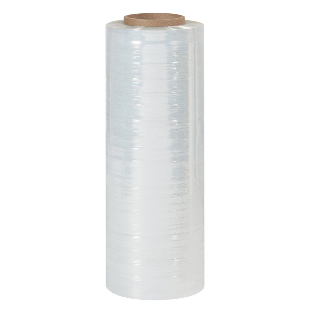 A single vertical roll of clear transparent eco-friendly Sigma Vanish hand stretch wrap film with a brown cardboard inner core isolated on a white background