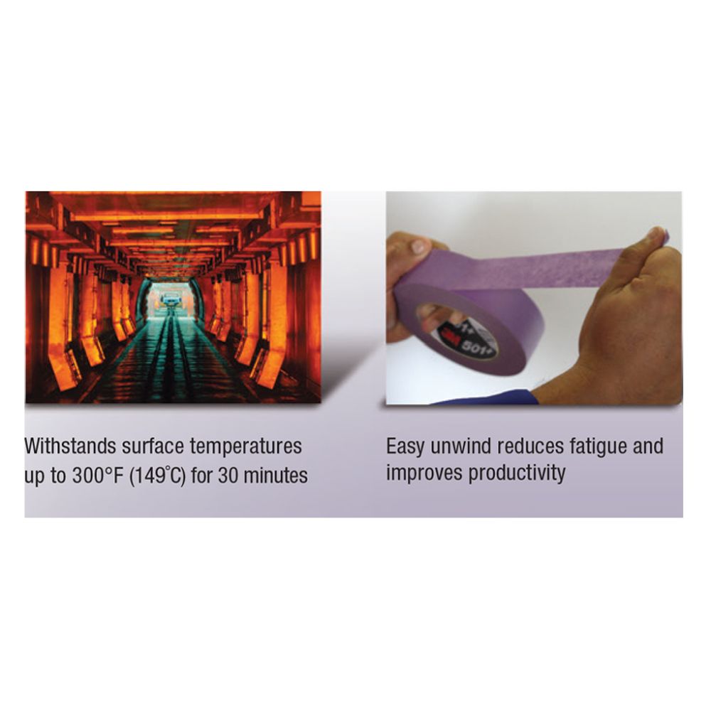 3M 501+ specialty high-temperature purple masking tape being unwound and showing heat resistance in an industrial oven.