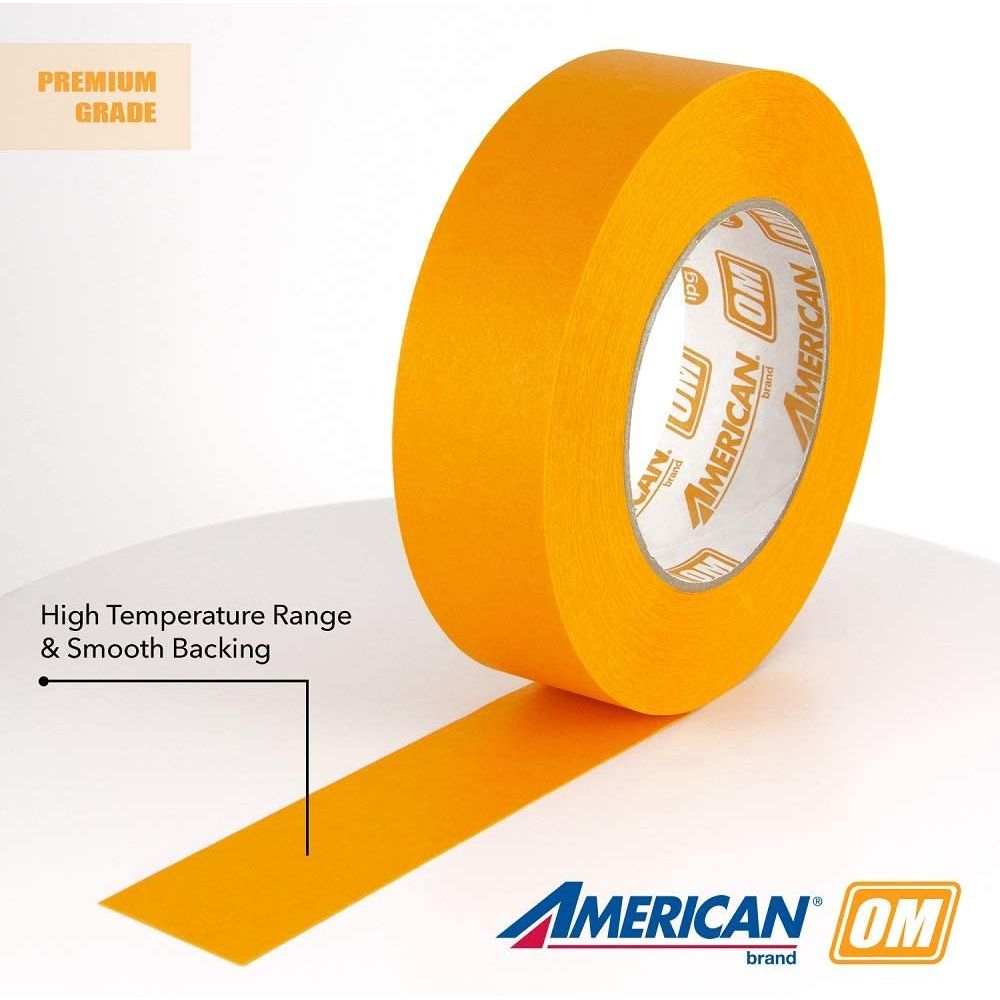 Orange American Brand OM automotive refinishing tape with high temperature range and smooth backing.