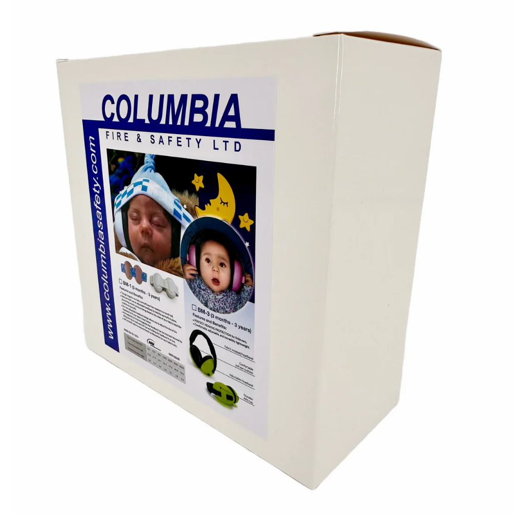 Side perspective view of the Columbia Fire & Safety brand packaging for infant overhead style ear muffs, illustrating safety enforcement symbols.