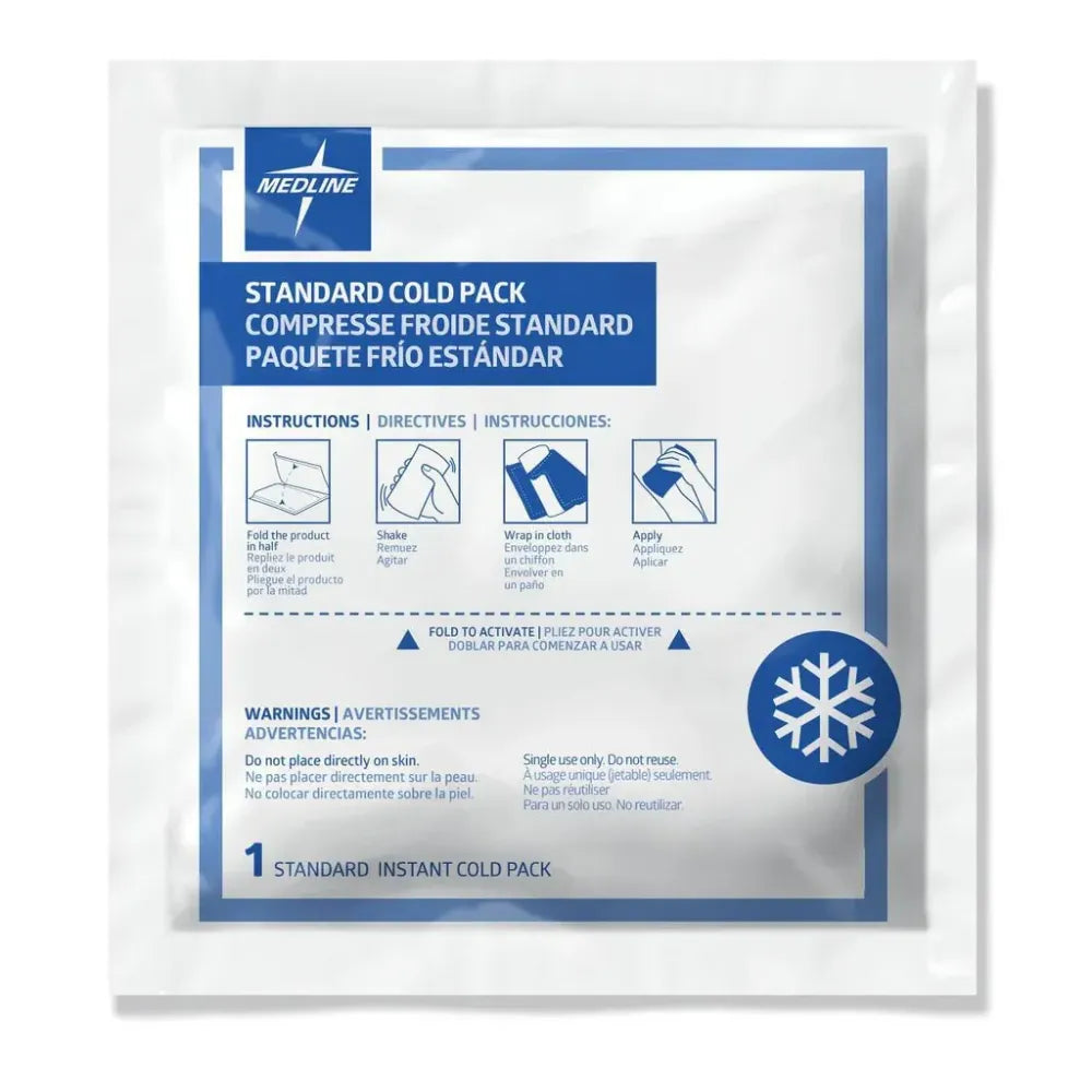 Front packaging of a Medline Junior Standard Instant Cold Pack with illustrated four-step activation instructions and a blue snowflake icon.