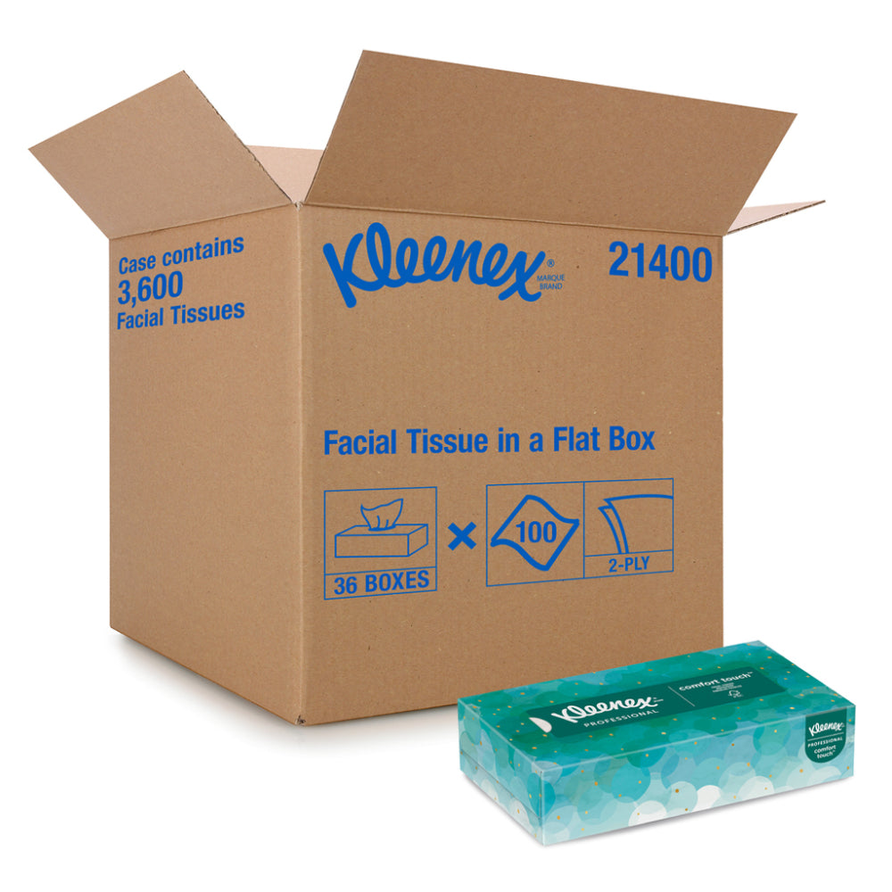 Large cardboard shipping case for Kleenex 21400 facial tissues containing 3,600 total tissues across 36 flat boxes isolated on a white background