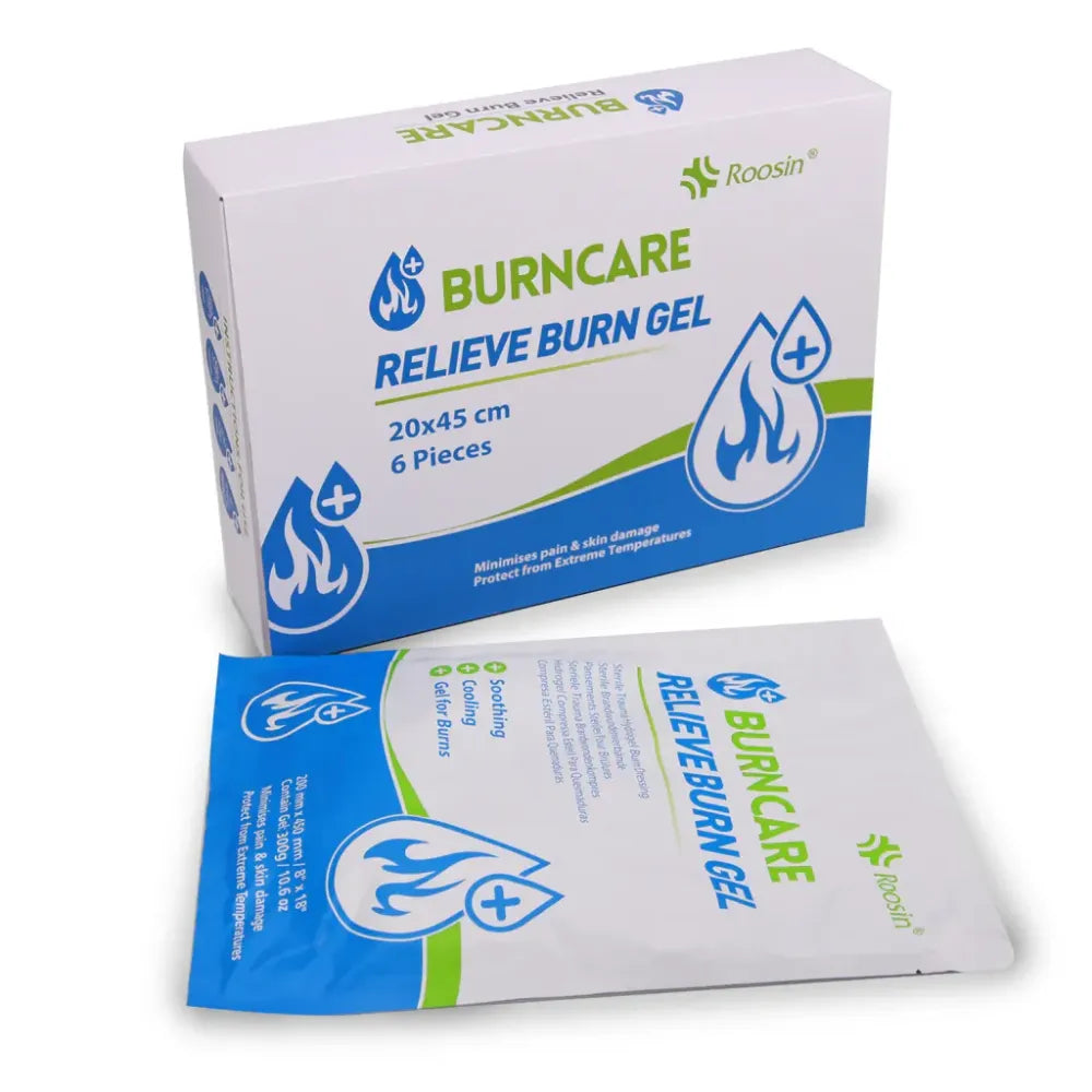 Large Sterile Burn Dressing (8" x 18") featuring an open-cell foam pad saturated with cooling hydrogel for emergency facial or limb burn care.