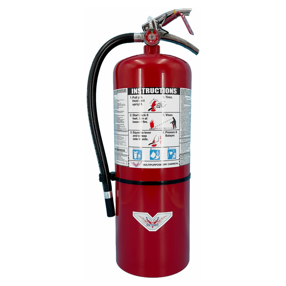 LEO 20-pound ABC dry chemical fire extinguisher with an attached steel wall mounting bracket.