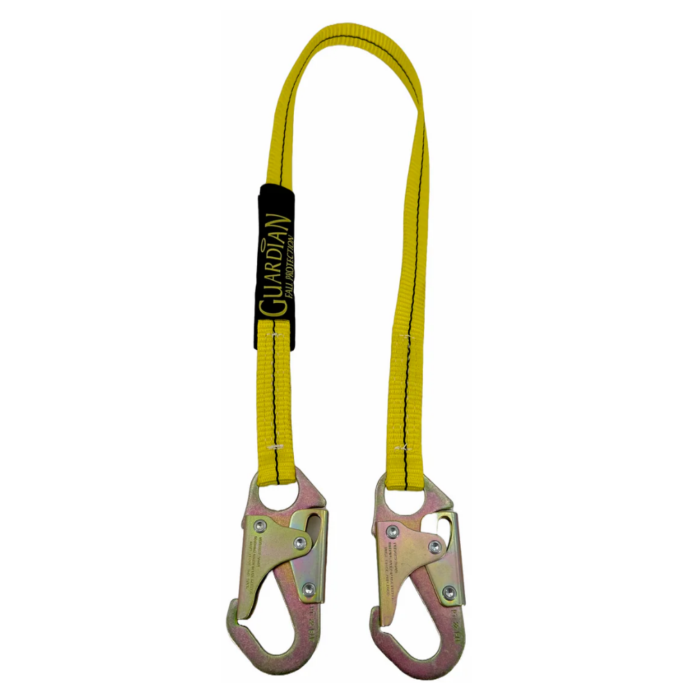 The LEO 3-foot fixed-length travel restraint safety lanyard featuring heavy-duty yellow synthetic webbing and pre-terminated steel snap hooks.