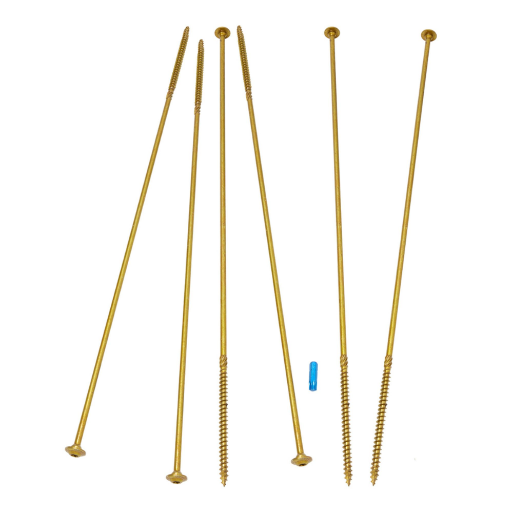 Six long 3/8" x 20" RSS LTF Structural Screws with a gold-tone finish, featuring sharp self-tapping tips and built-in washer heads for timber construction.