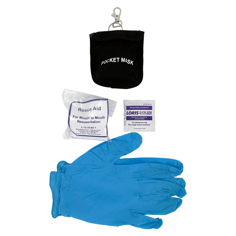 The LEO L-12-10-65 CPR barrier shield kit featuring a transparent face shield with an integrated one-way valve and a pair of protective vinyl gloves.