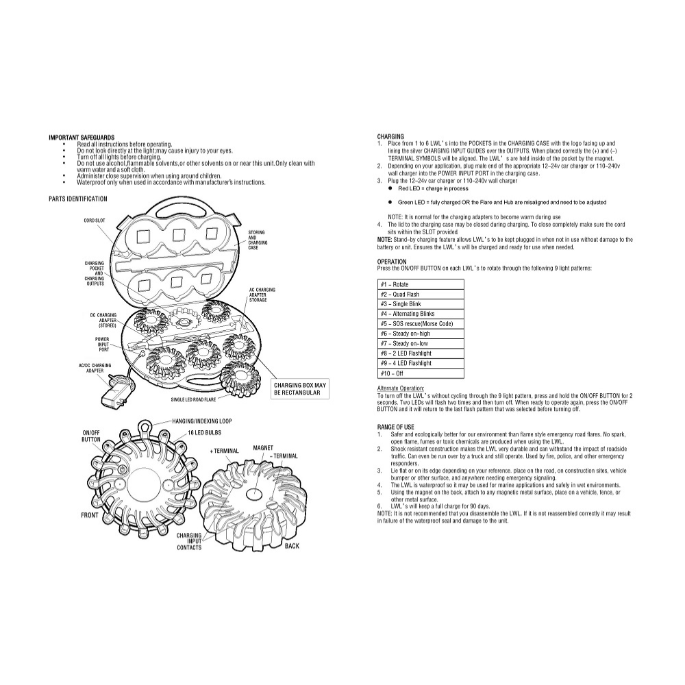 Technical diagram and instruction manual for the LEO LED road flare kit detailing parts, charging, and 9 light patterns.