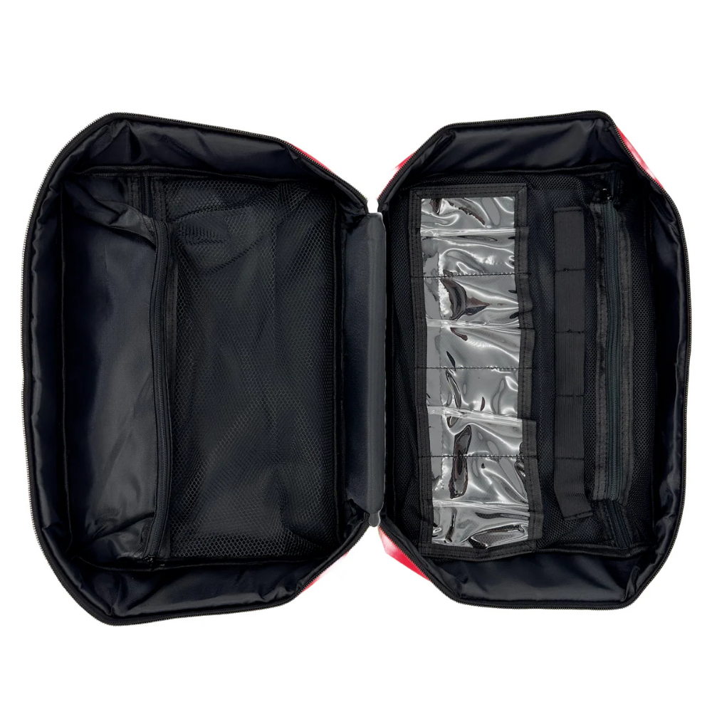 Fully opened red LEO medical trauma bag highlighting inner wall mesh pockets and elastic straps for securing supplies.