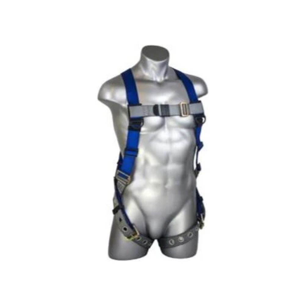 Front view of the LEO NPH-29 full-body fall protection safety harness featuring high-strength green and black polyester webbing with a pass-through chest strap.