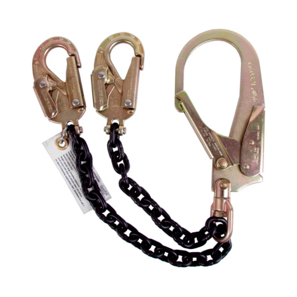 LEO rebar chain assembly with large rebar hook and double snap hooks for fall positioning.