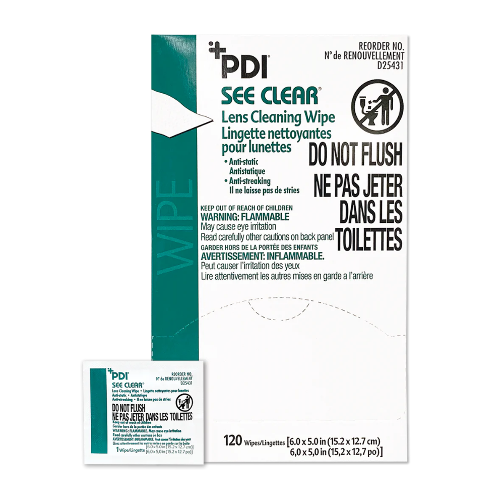 Box of 120 individually wrapped LEO See Clear anti-fog and anti-static lens cleaning wipes by PDI for safety glasses.