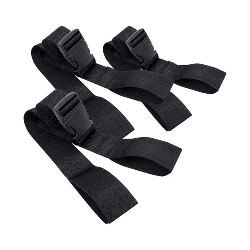 Close-up view of the durable plastic quick-release buckle on a black LEO spine board medical stretcher strap.